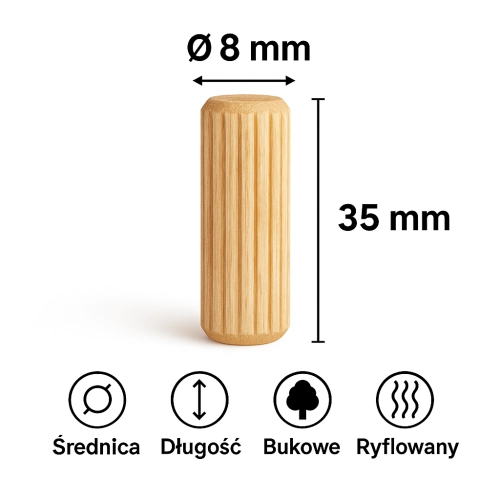 Kołek 8x35 Drewniany 100 szt Meblowy Bukowy Ryflowany Montażowy